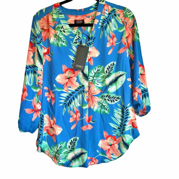 Jones New York Women's Blue Lagoon Multi Printed Chiffon Tunic Top Size XS NWT - Picture 15 of 15